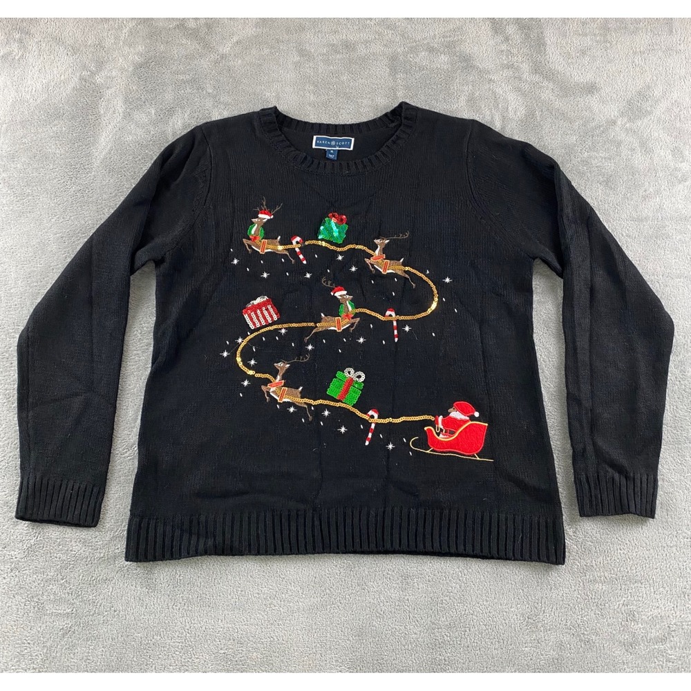 Karen Scott Womens XL Black Sequin Santa Reindeer‎ Christmas Sweater Long Sleeve